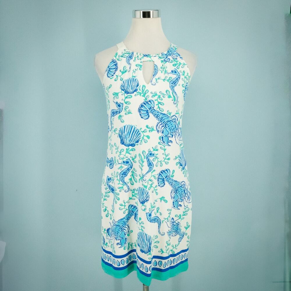 Barbara Gerwit Size Small S Blue Lobster Clam Seahorse Engineered Knit Dress